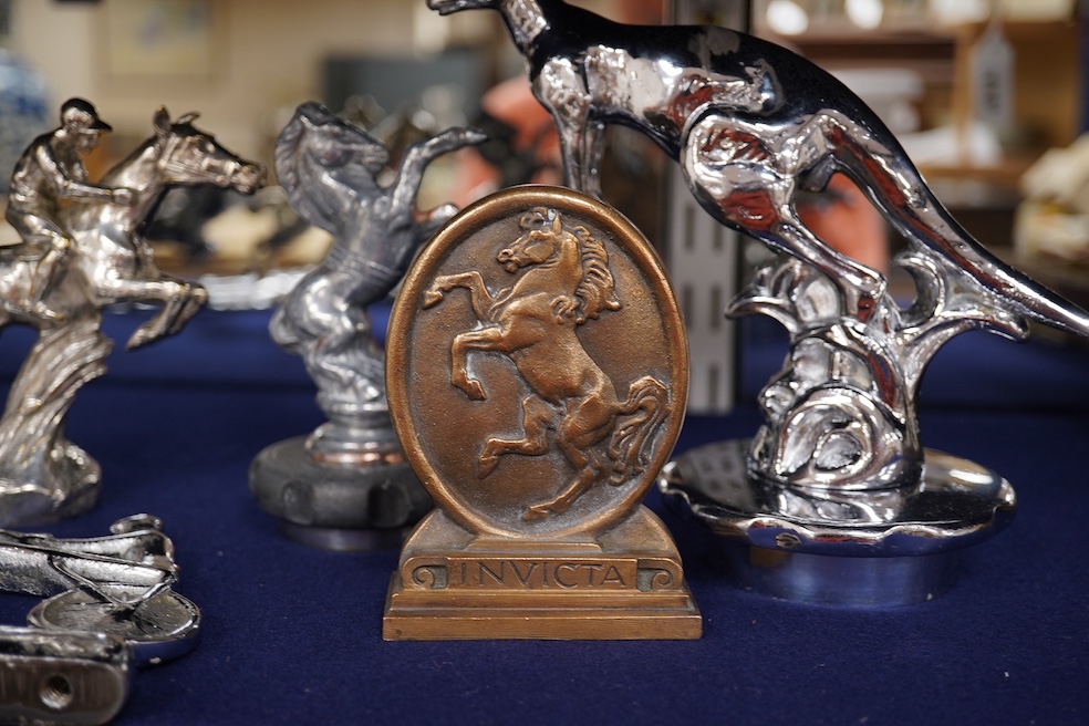Seven brass and chrome animal related car mascots including; four horse related mascots, two Kangaroo mascots mounted on radiator caps and a leaping ram by Jarvis (no.1027). Condition - fair to good, some losses to chrom